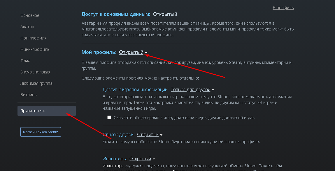 открываем профиль в steam